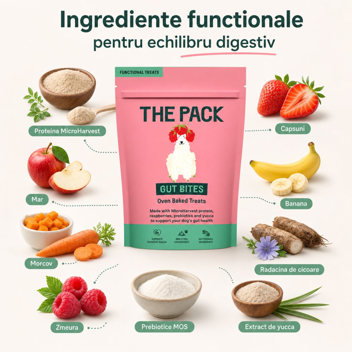 THE PACK Gut Bites, XS-XL, Fructe, punguță recompense câini, sistem digestiv, 100g - imagine 5